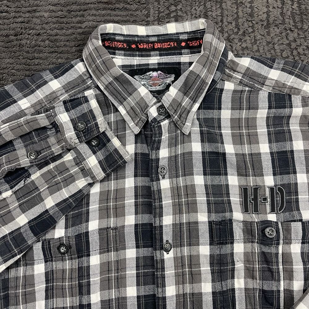 Harley-Davidson Men's XL Plaid Flannel Shirt Black Gray Long Sleeve H-D Logo